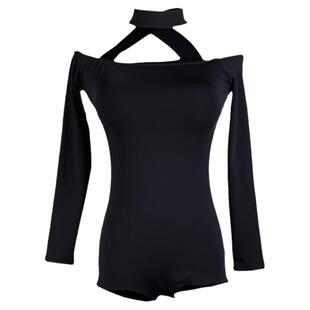 拉丁舞服装露背长袖成人上衣摩登舞女舞蹈练功花服恰恰跳舞黑色