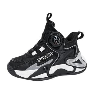 巴布豆官方儿童篮球鞋防水皮面2025秋冬季加绒二棉黑色男童运动鞋