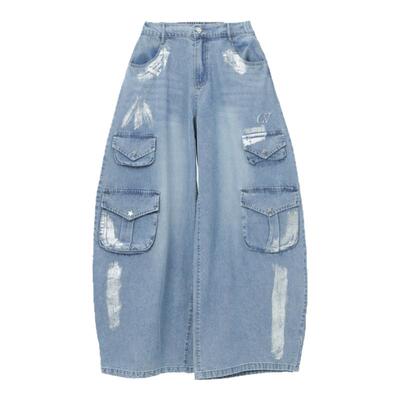 CBXLAB街舞潮牌重工科技感烫银牛仔工装裤复古嘻哈朋克运动休闲裤