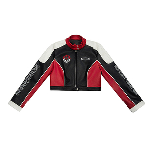 MOGONGSHE*明星同款-美式复古重工拼接机车服时尚短款PU皮衣外套