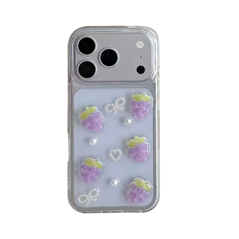 日系小清新立体葡萄手机壳适用苹果iPhone17pro小珍珠领结爱心苹果18promax闪粉15plus透明TPU软壳女款保护套