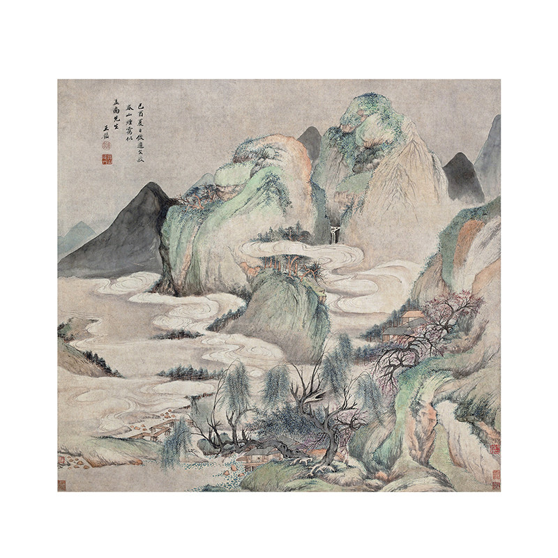 清代王鉴春山烟霭图国画山水人物画高清复制玄关客厅挂画装饰画芯