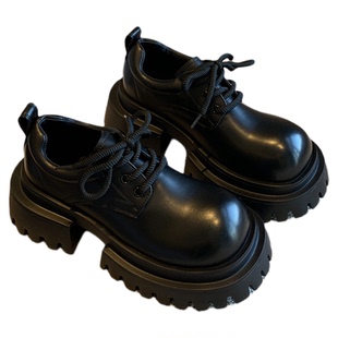 【TFM】内里加绒~厚底6CM增高百搭小皮鞋黑色系带复古乐福鞋女冬