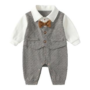 宝宝连体衣春秋款婴儿衣服秋装帅气男宝满月百天生日礼服秋季新款