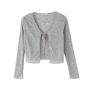 三福长袖开衫2026新款春季气质绑带设计上衣圆领宽松短款t恤女装