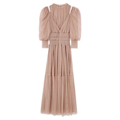 SNIDEL2026春夏新品甜美束腰抽褶薄纱泡泡袖露肩连衣裙SWFO261331