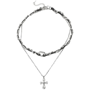 小众设计十字架双层叠戴项链女甜酷风皮质编织项圈个性锁骨链颈链