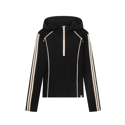 i.tGROUNDZERO美式复古杠条半拉链双拼连帽立领套头长袖运动T恤女