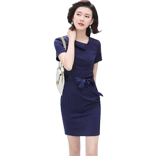 条纹职业夏季短袖ol气质收腰连衣裙1