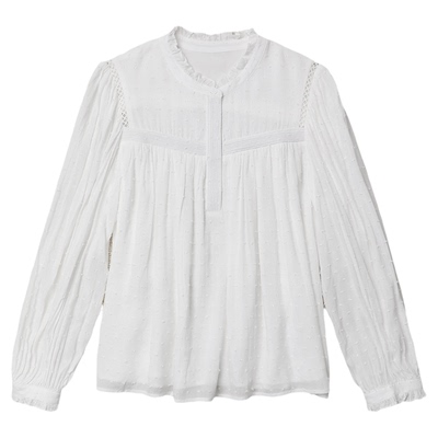 TANG TOWN 空气小雾衫/超细高支粘纤/立体提花木耳边领泡泡袖衬衫