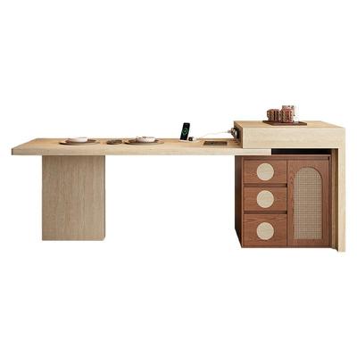 中古风包豪斯洞石岛台餐桌一体岩板可伸缩多功能带储物小户型导台