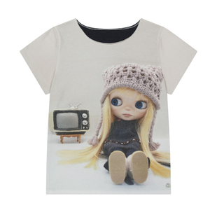 eihey诶嘿2026春夏新款宽松显瘦斜肩卡通娃娃印花短袖T恤上衣女