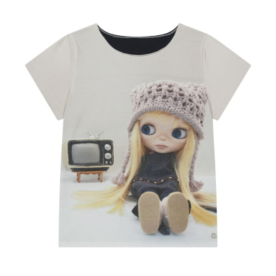 eihey诶嘿2026春夏新款宽松显瘦斜肩卡通娃娃印花短袖T恤上衣女