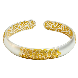 牡丹银手镯妈妈款女9999纯实心款女士年轻款描金银镯子送生日礼物