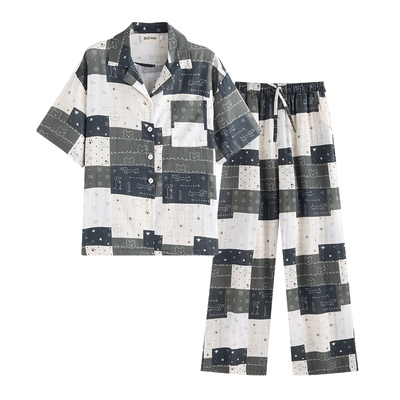 侘町2025新款森系拼接格小狗纯棉短袖睡衣夏季款卡通可外穿家居服