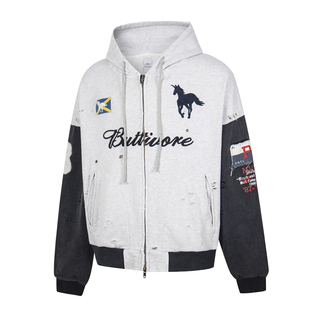 Protocol Index 战马贴布刺绣开衫外套高街破坏做旧男女连帽卫衣