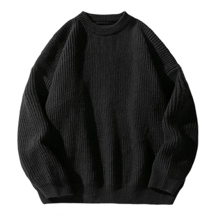FEI OREETA秋冬纯色粗针坑条肌理毛衣男情侣复古圆领重磅针织衫