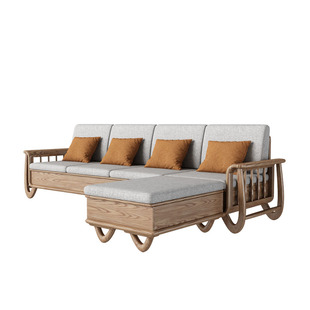 政府专用冬夏两用转角沙发新中式北欧小户型直排高箱储物实木沙发