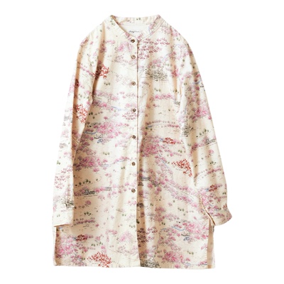 纯棉赏樱印花微A字中长款衬衫