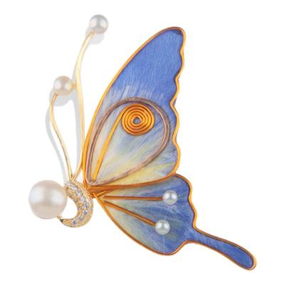 新中式非遗绒花天然珍珠蝴蝶胸针