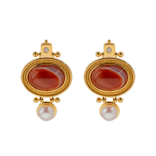 独特美翻《尼罗河北》原创设计复古天然红纹石珍珠母贝耳环