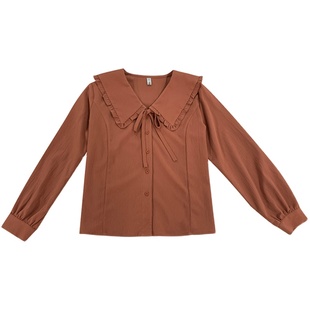 大码女装秋冬200斤胖mm宽松减龄系带娃娃领长袖衬衫上衣31889