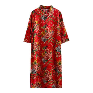 东北大花长裙2024新款民族风中式复古盘扣宽松显瘦麻棉中袖连衣裙