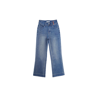 莱卡纤维加绒保暖显瘦两粒扣高腰微喇牛仔裤女九分宽松直筒喇叭裤