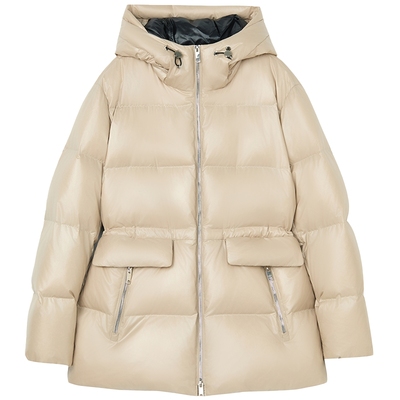 【匈牙利白鹅绒】LANCY/朗姿2025冬季新款亮面连帽收腰中长羽绒服