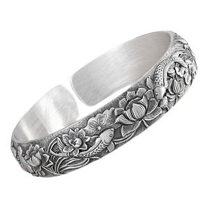 银千造鸳鸯锦鲤荷花手工手镯