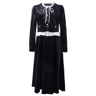 衣纱布菲2025冬装新款轻奢丝绒复古连衣裙小黑裙长袖法式假两琅薇