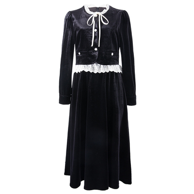 衣纱布菲2025冬装新款轻奢丝绒复古连衣裙小黑裙长袖法式假两琅薇