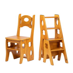 全实木橡胶木梯凳台阶登高踏板两用四步梯子中老年多功能折叠梯椅