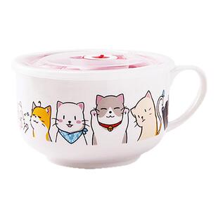 陶瓷泡面碗带盖学生宿舍卡通泡面杯带把手食堂带饭便当碗密封饭盒