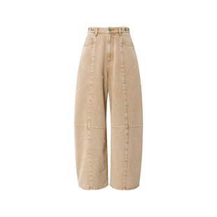 【沙丘童谣】Uena卡其色水洗做旧重工钉珠宽松阔腿显瘦弯刀牛仔裤