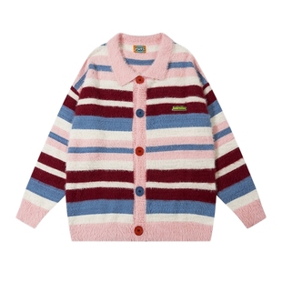 悟空有货复古粉色条纹开衫POLO衫毛衣男女学院风宽松情侣针织外套