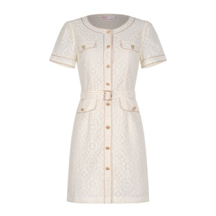 固执夏季新款法式小香风圆领排扣白色蕾丝a字短袖短款连衣裙