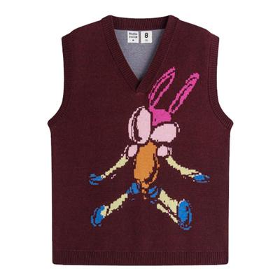酒红撞色兔子针织马甲