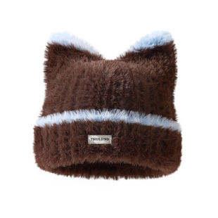 可爱猫耳朵帽子女毛绒绒针织帽2025新款护耳冷帽显脸小毛线帽百搭