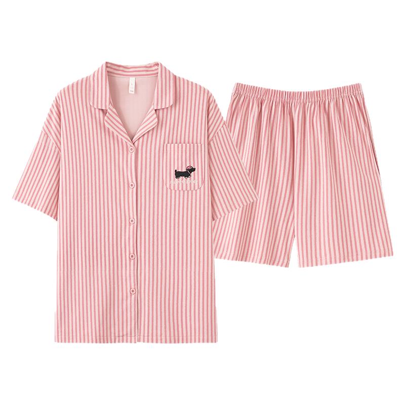 情侣睡衣女夏季纯棉短袖短裤家居服男2025年新款休闲条纹凉感套装