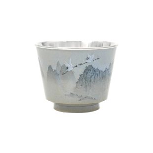 景德镇柴烧包银主人杯手绘杯纯银999纯手工品茗杯中式家用 山鹤