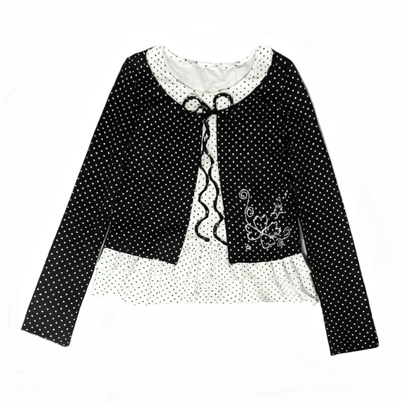 黑白撞色假两件波点长袖T恤