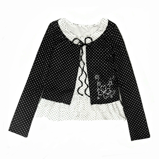 小猫藏星starrykitty黑白撞色假两件波点长袖T恤「宽松叠穿打底衫