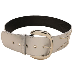 重工铆钉宽版腰带女个性银色摇滚亮面金属扣复古美式宽边辣妹皮带