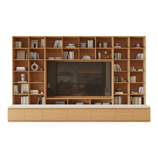 橡木定制客厅电视柜满墙卡座一体书柜到顶真实木摆件整墙展示书架