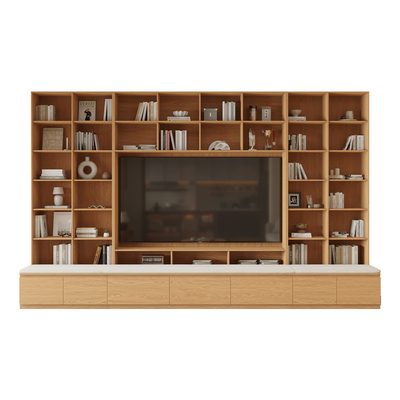 橡木定制客厅电视柜满墙卡座一体书柜到顶全实木摆件整墙展示书架