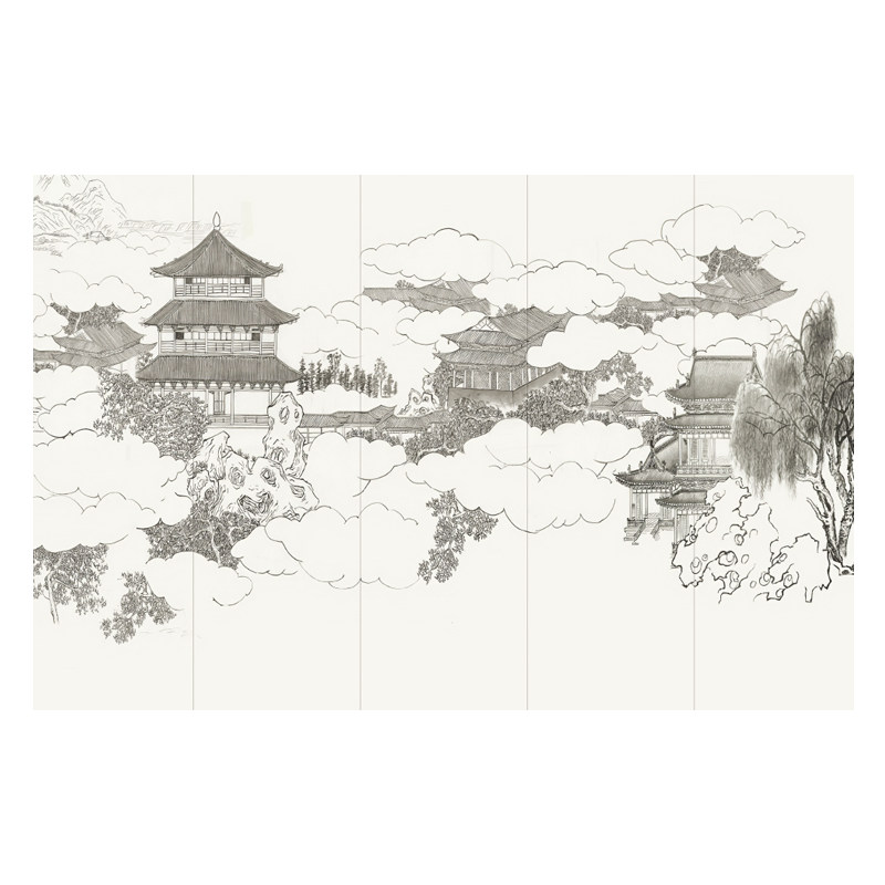 壁纸现代山水楼阁意境客厅墙纸