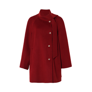 DPLAY2025年冬季新款红色双面呢子大衣女领口系带100羊毛外套