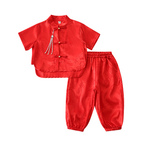 2026新中式男童短袖长裤套装少爷红色汉服薄款武术表演服白色夏装