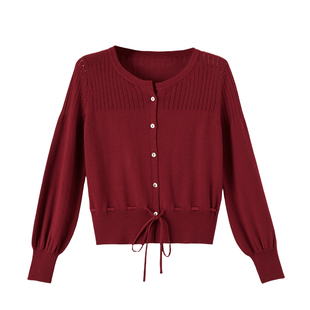 晚白2026年春新款含羊毛设计感上衣收腰时髦气质红色针织开衫